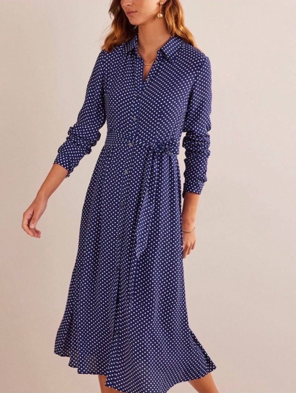 Boden Kate Midi Belted Long Sleeve Shirt Dress Navy White Polka Dot 16-18L